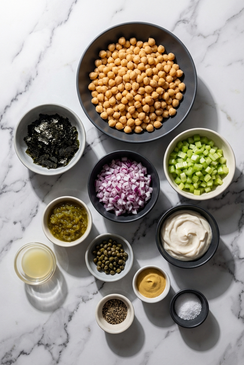 Flat lay of garbanzo beans, nori flakes, and vegan mayonnaise on a contemporary white marble countertop.
