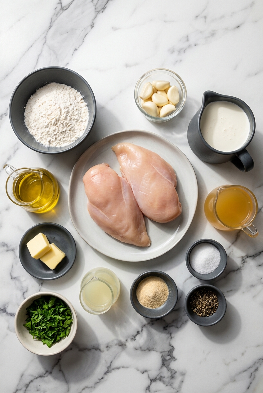 Raw chicken cutlets, heavy cream, and fresh aromatic herbs for Creamy Garlic Chicken on a contemporary countertop.