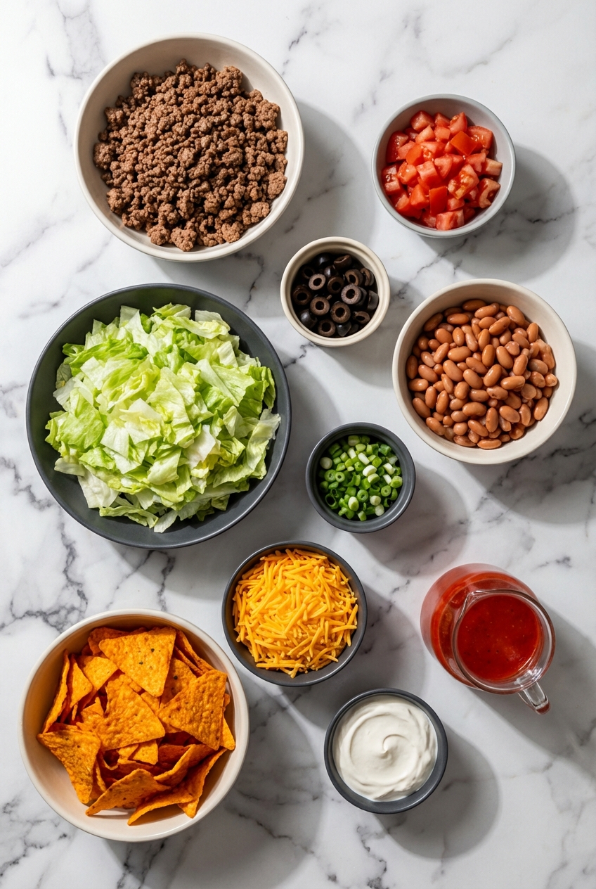 Flat lay of Ground Beef, Nacho Cheese Doritos, and Iceberg Lettuce on a contemporary white marble countertop in natural light.