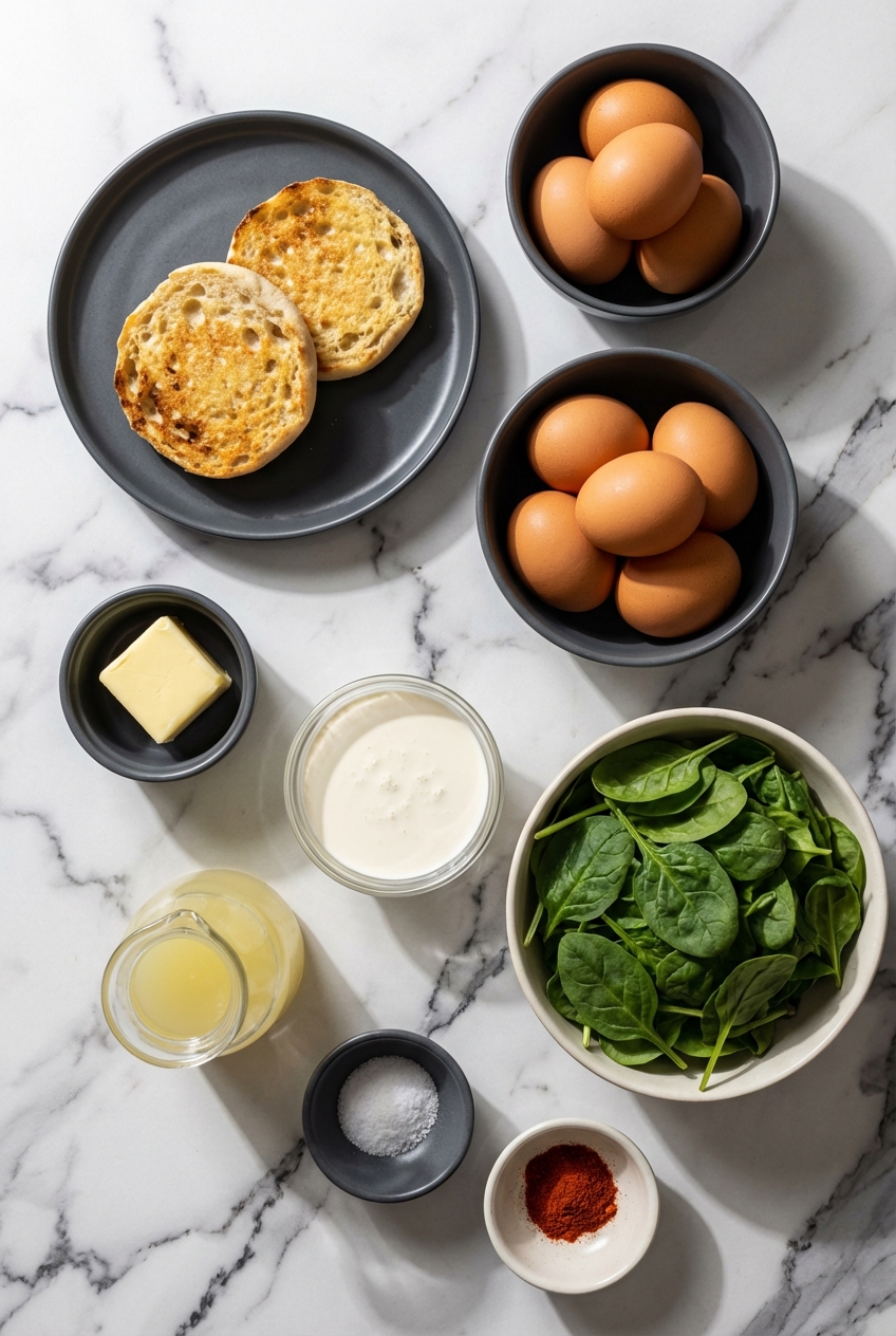 Flat lay of Eggs Florentine ingredients including fresh baby spinach, English muffins, and egg yolks on a contemporary countertop.