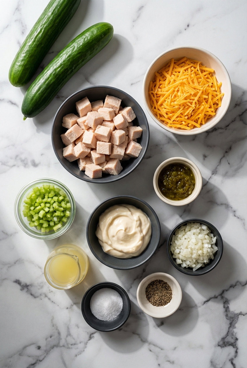 Flat lay of chicken breast, English cucumber, and mayonnaise for Keto Chicken Cucumber Boats on a white marble counter.