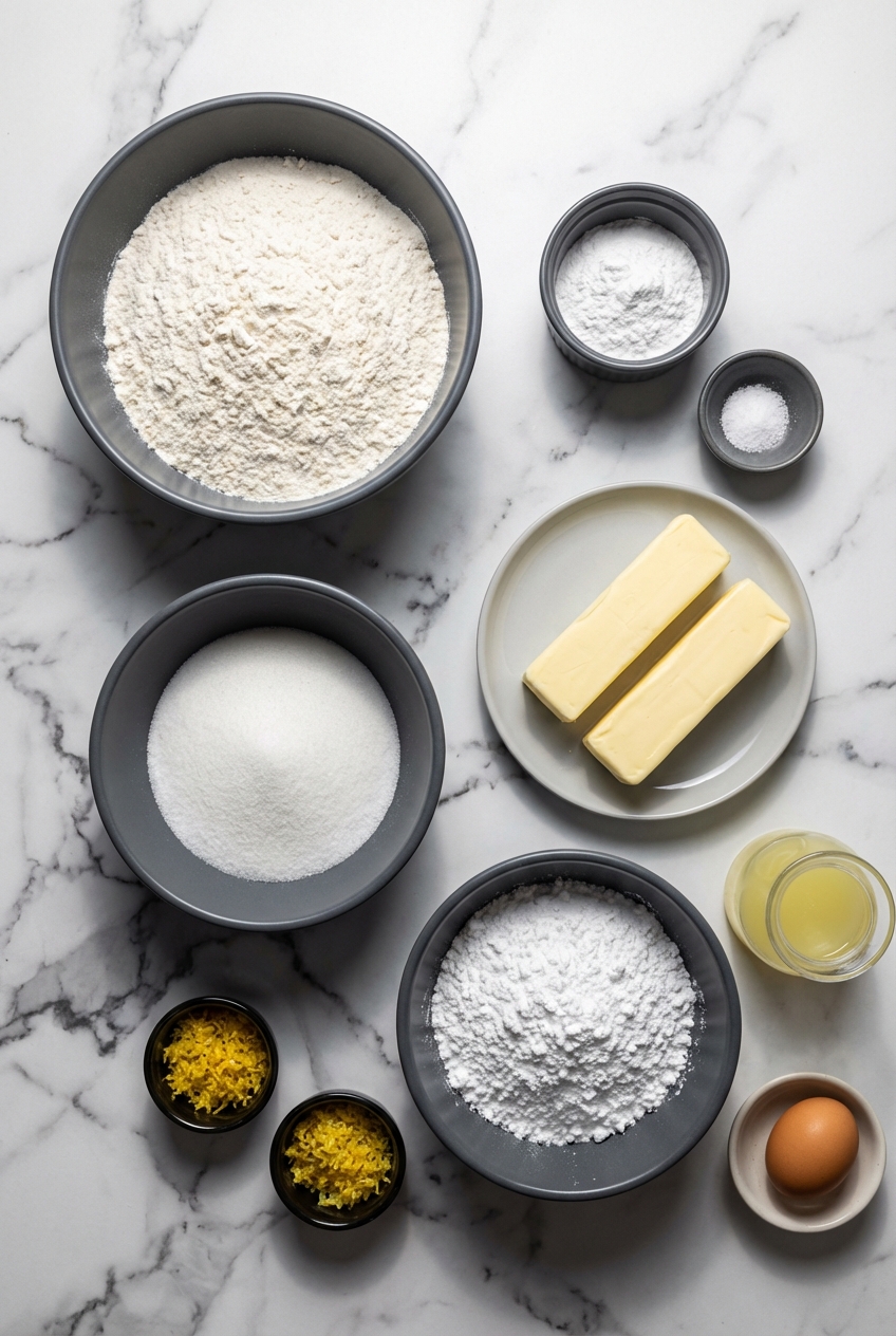 A flat lay of unsalted butter, fresh lemon zest, and all-purpose flour on a contemporary countertop with soft shadows.