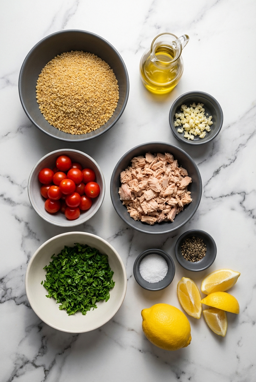 Top-down flat lay of raw ingredients for Bulgar Wheat & Tuna Mediterranean Salad including cherry tomatoes and extra virgin olive oil on marble.