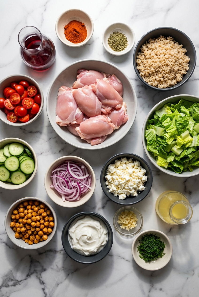 Flat lay of Greek Chicken Bowls ingredients including chicken, feta cheese, kalamata olives, and quinoa on white marble.