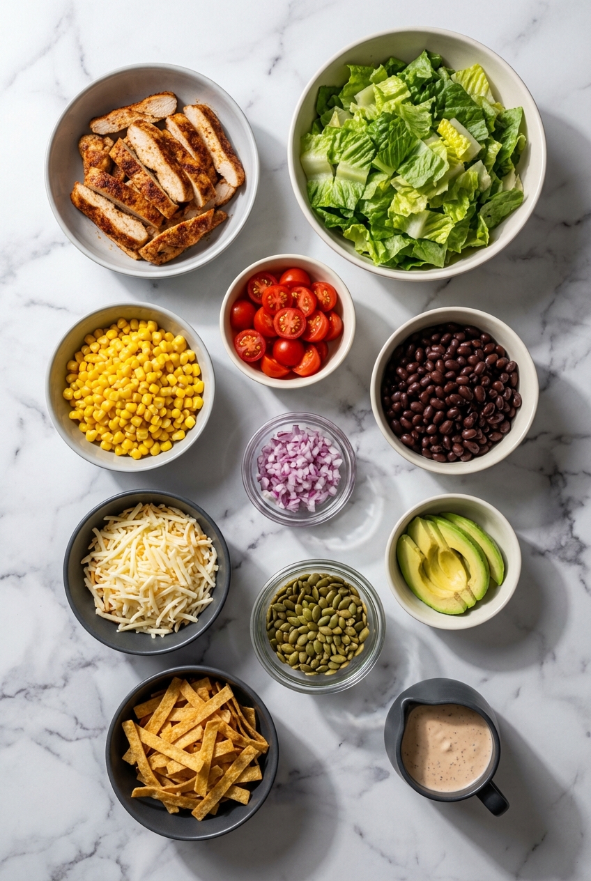 Raw ingredients flat lay for Southwest Chicken Salad including black beans, pepitas, and chipotle peppers on a contemporary countertop.