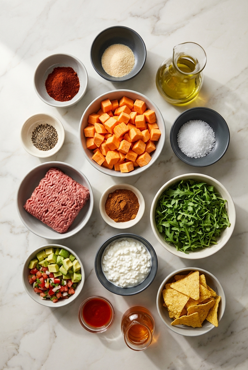Flat lay of ingredients for Spicy Cottage Cheese Taco Bowls including ground beef, sweet potato, and cottage cheese on a contemporary countertop.