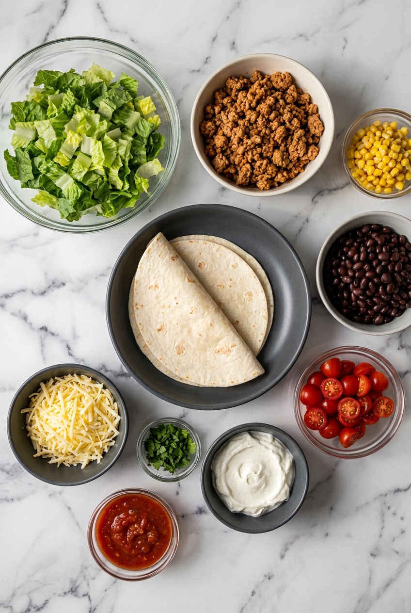 Overhead flat lay of raw ground turkey, black beans, and Romaine lettuce for Turkey Taco Salad (29g Protein) on marble.
