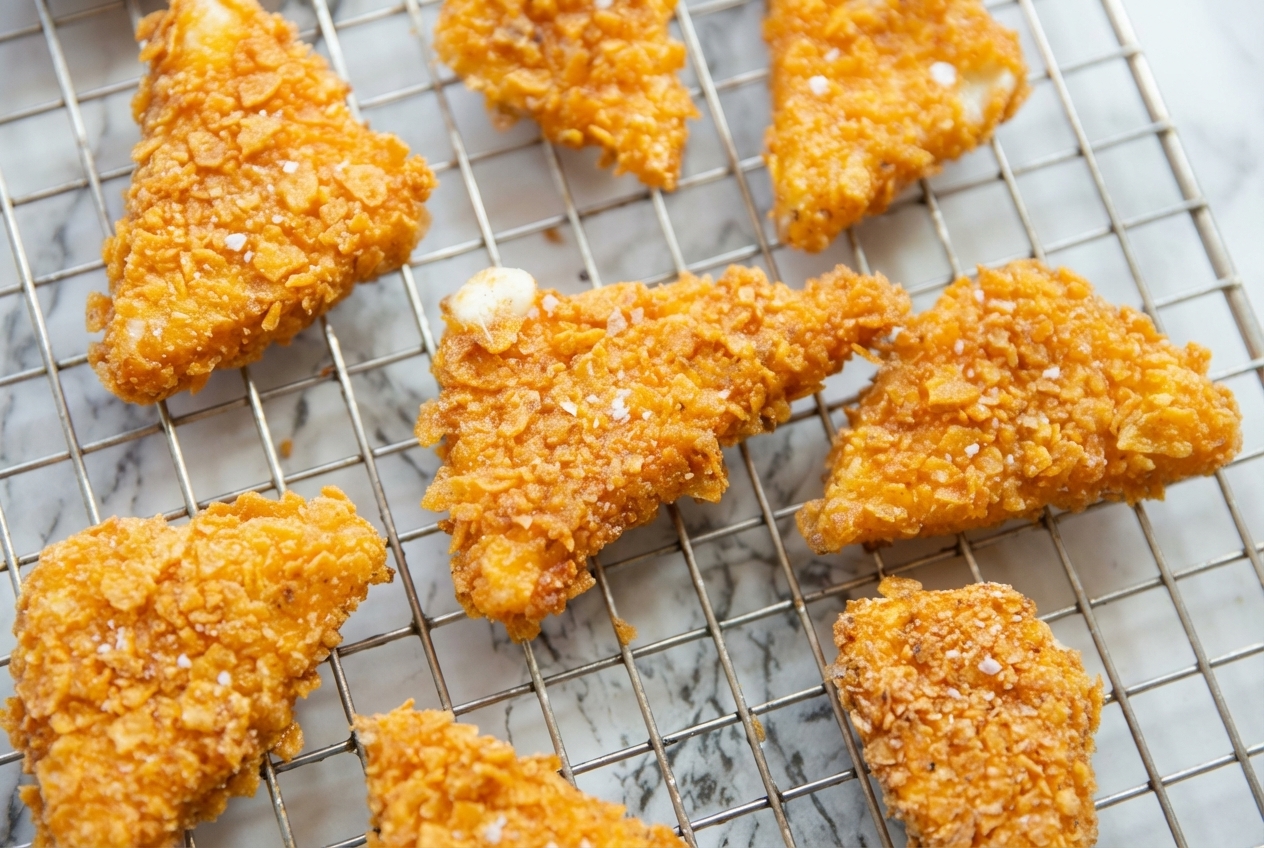 Fried cheese stuffed doritos with a crispy cornstarch shield on a white marble surface under natural window lighting.