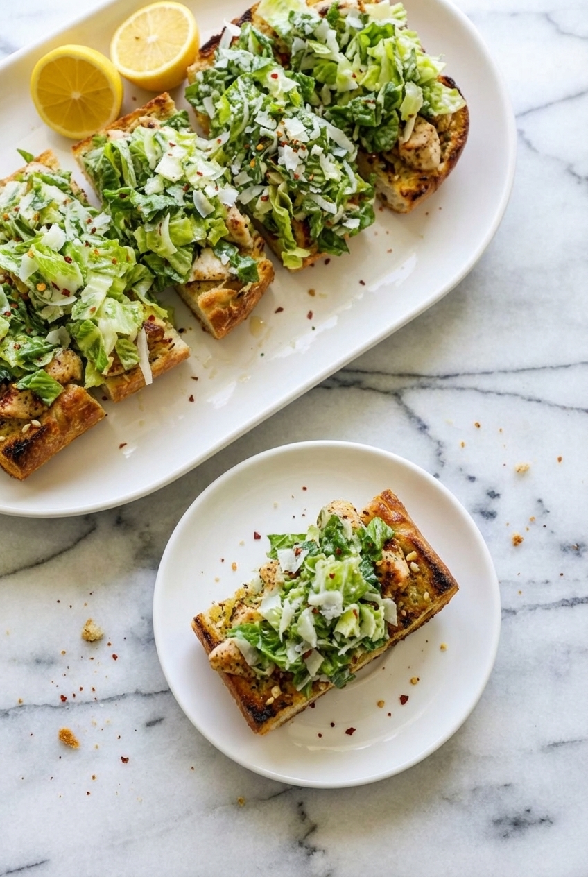 Garlic Bread Chicken Caesar Sandwiches sliced to show texture on a contemporary countertop with soft shadows.