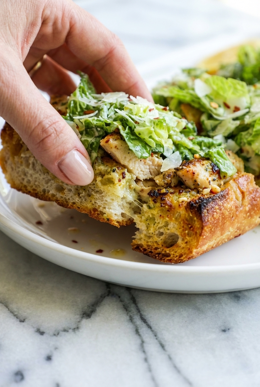Close-up of Garlic Bread Chicken Caesar Sandwiches served in a minimalist ceramic vessel under natural window lighting.
