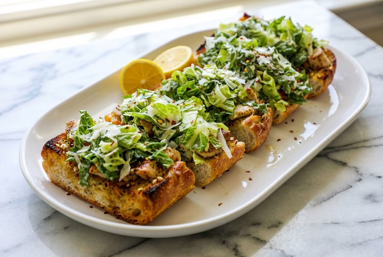 Garlic Bread Chicken Caesar Sandwiches with a brown butter and anchovy garlic crust on a white marble surface.