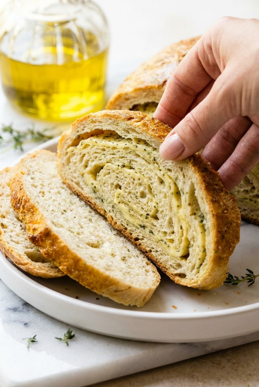 Macro view of the airy crumb structure and golden Maillard reaction on the crust of Garlic Herb Dutch Oven Bread.