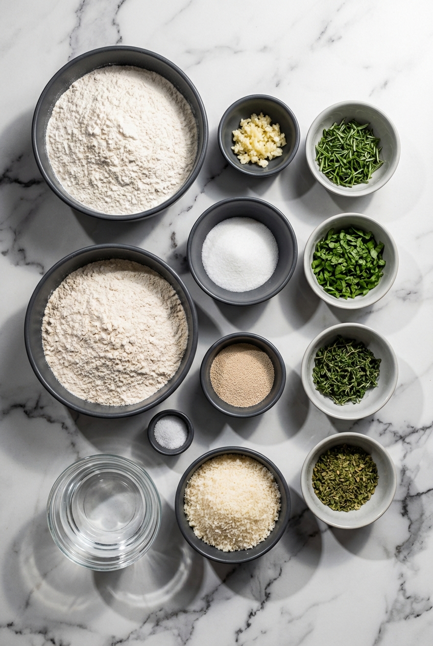 Flat lay of Bread Flour, Instant Yeast, and fresh herbs on a contemporary countertop for Garlic Herb Dutch Oven Bread.
