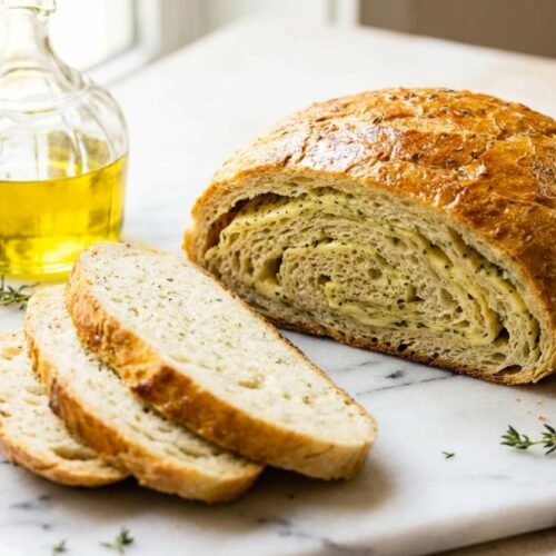 Golden Garlic Herb Dutch Oven Bread on a white marble surface, featuring a laminated herb butter crust and intricate scoring.