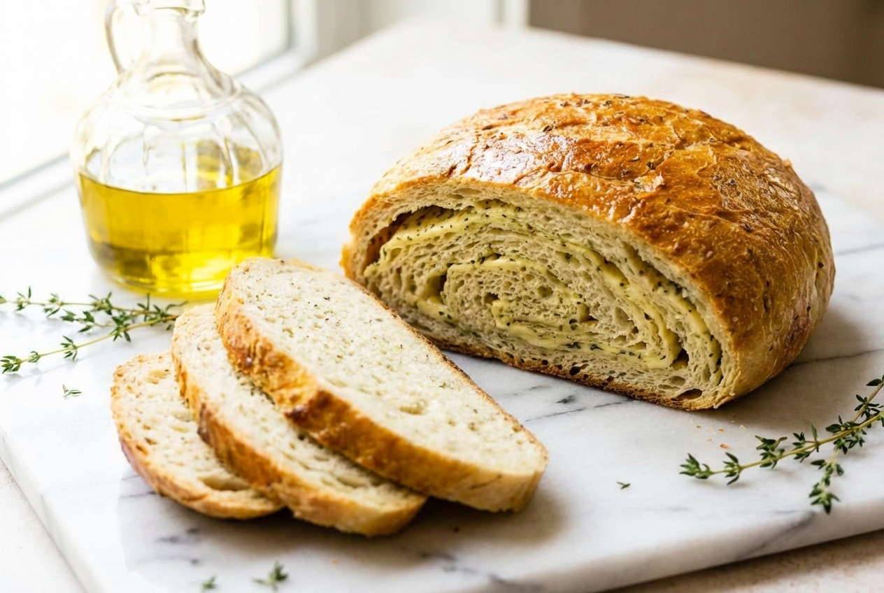 Golden Garlic Herb Dutch Oven Bread on a white marble surface, featuring a laminated herb butter crust and intricate scoring.