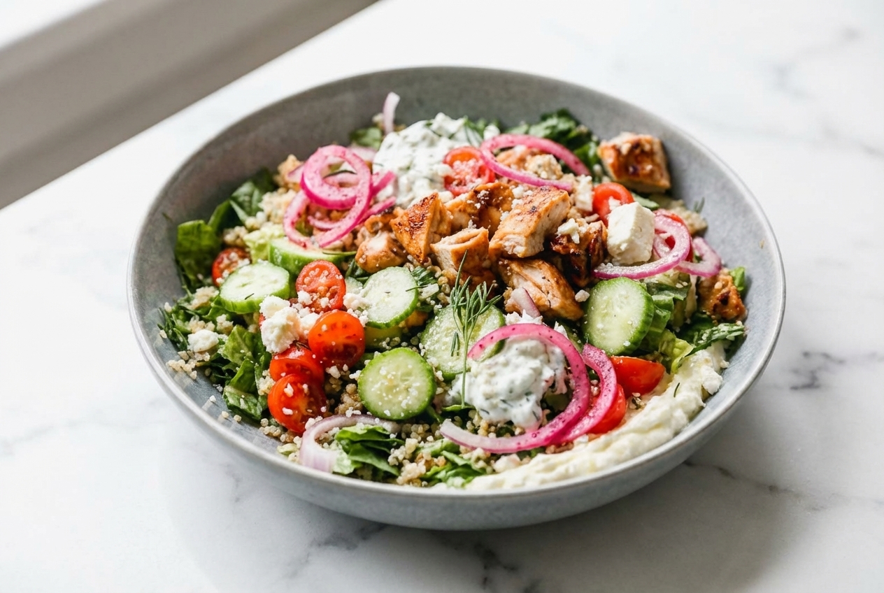 Greek Chicken Bowls served over double-lemon whipped feta and sumac pickled onions in a minimalist bowl on white marble.