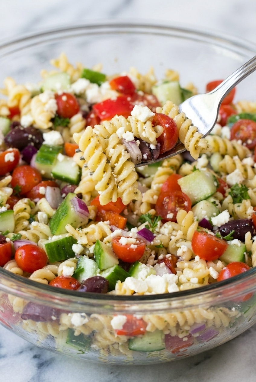 Detailed texture of Traditional Greek Pasta Salad highlighting the glossy emulsification and fresh oregano on al dente pasta.