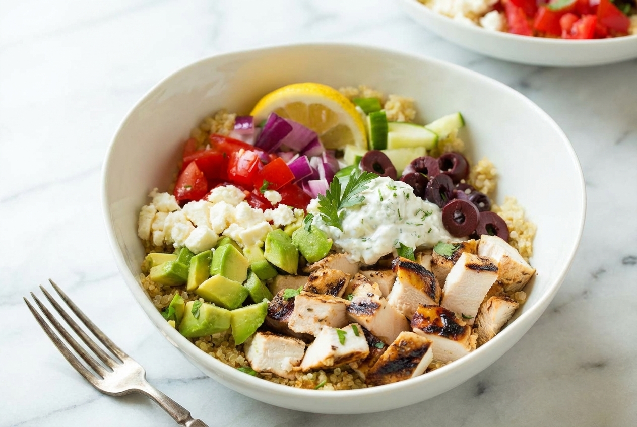 Grilled Chicken Greek Salad With Quinoa & Feta in a minimalist ceramic bowl on white marble, featuring nutty-toasted quinoa.