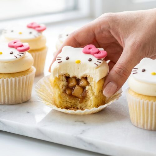 Hello Kitty Cupcakes with a hidden apple pie core on a white marble surface, featuring fluffy buttercream and smooth fondant.