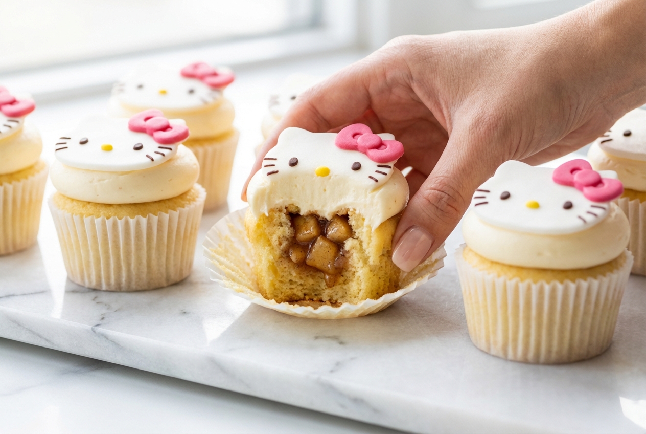 Hello Kitty Cupcakes with a hidden apple pie core on a white marble surface, featuring fluffy buttercream and smooth fondant.