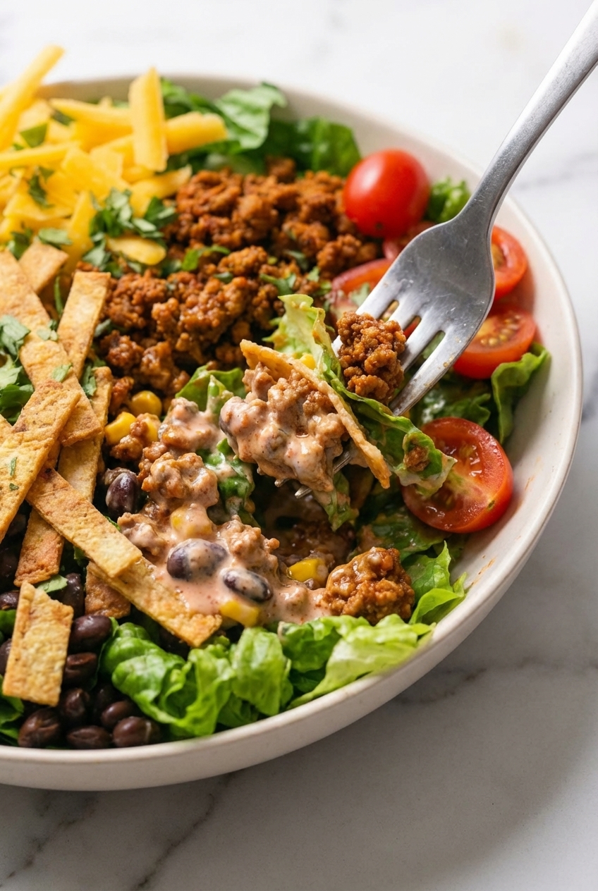 Close-up of Turkey Taco Salad (29g Protein) with creamy Greek yogurt and cilantro lime under natural window lighting.