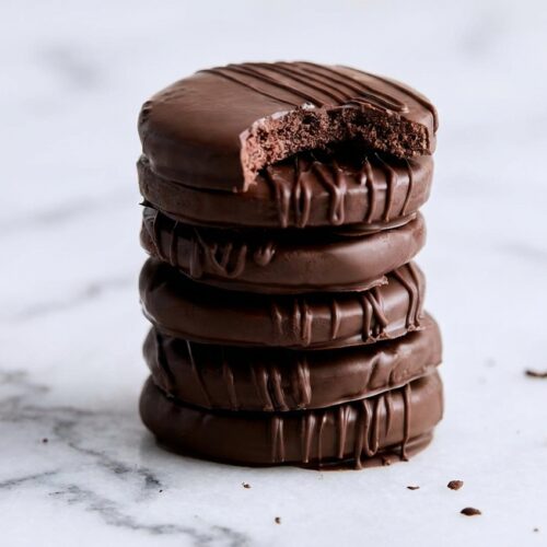 Homemade Thin Mint Cookies with an espresso-infused dark chocolate coating and smooth tempered finish on white marble.