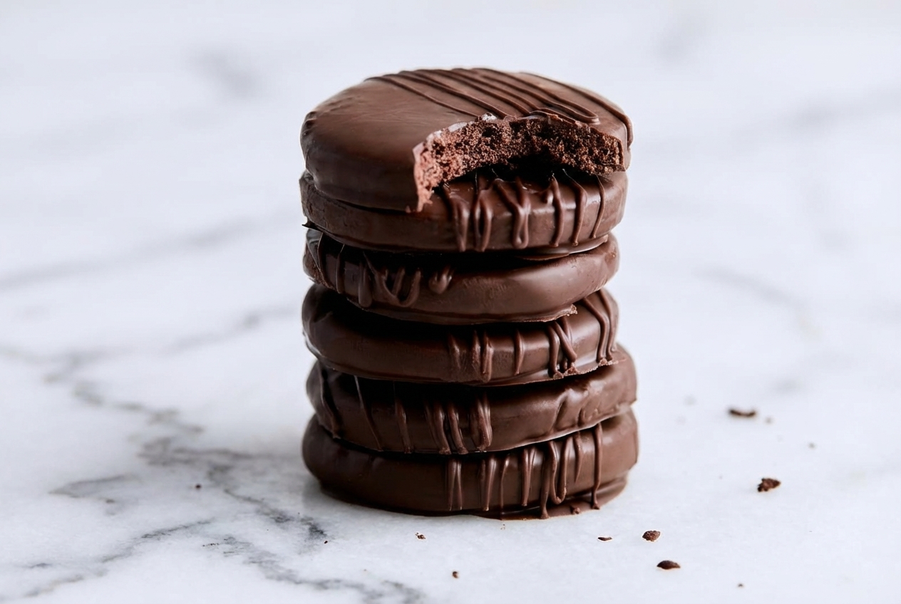 Homemade Thin Mint Cookies with an espresso-infused dark chocolate coating and smooth tempered finish on white marble.