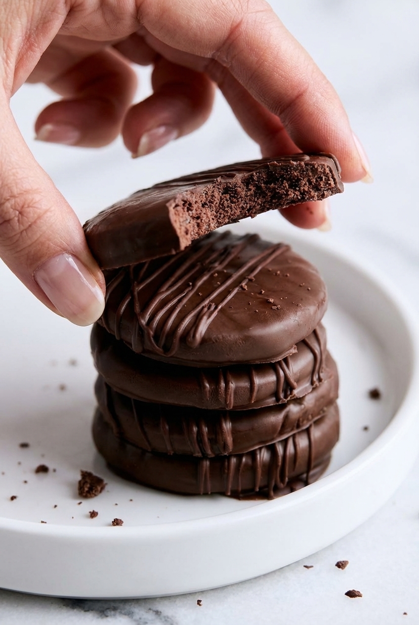 Close-up of the glossy, snap-perfect texture of Homemade Thin Mint Cookies showing the smooth chocolate finish on a ceramic plate.