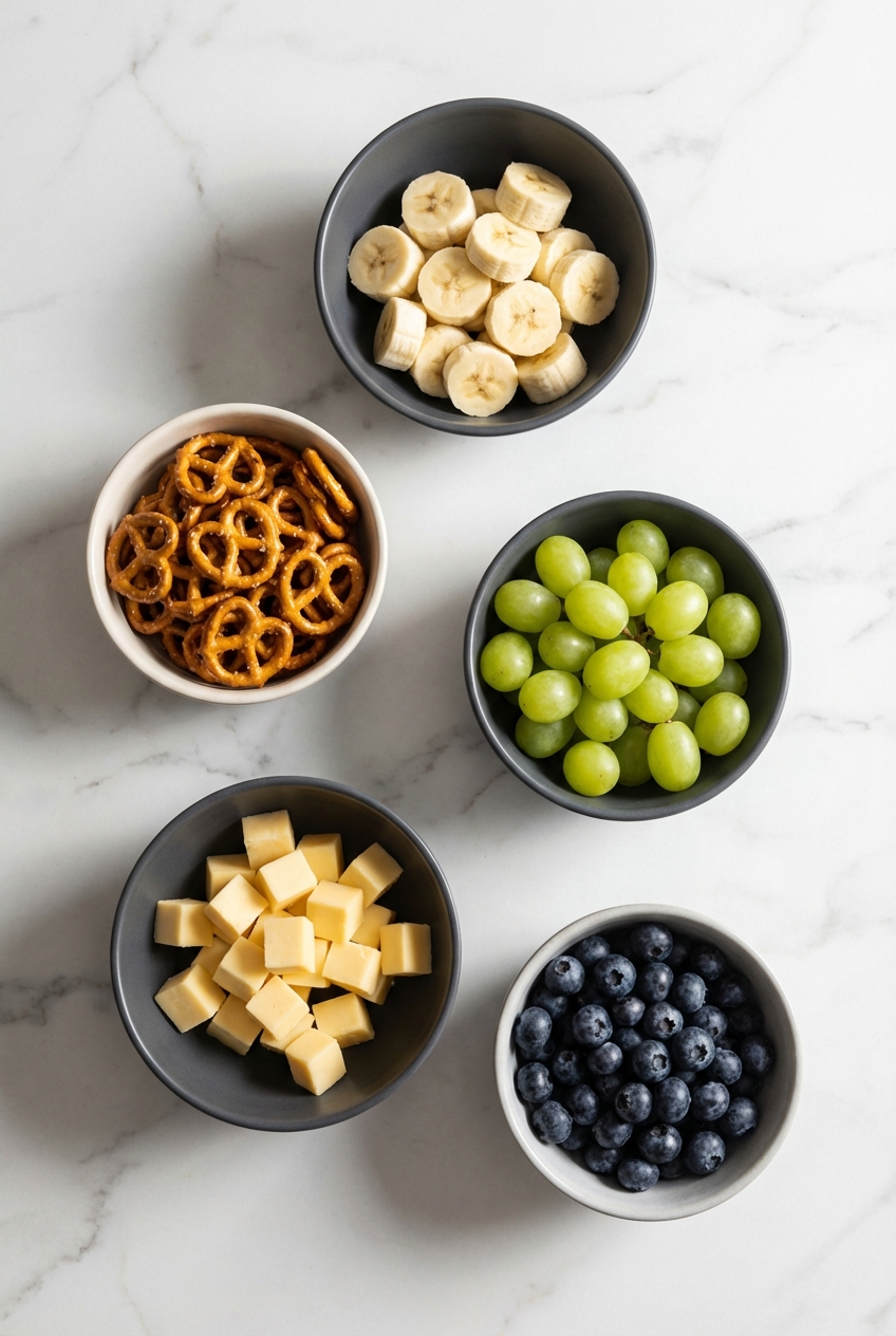 Flat lay of fresh grapes and skewers on a white marble surface, preparing hydrating beach snacks for kids.