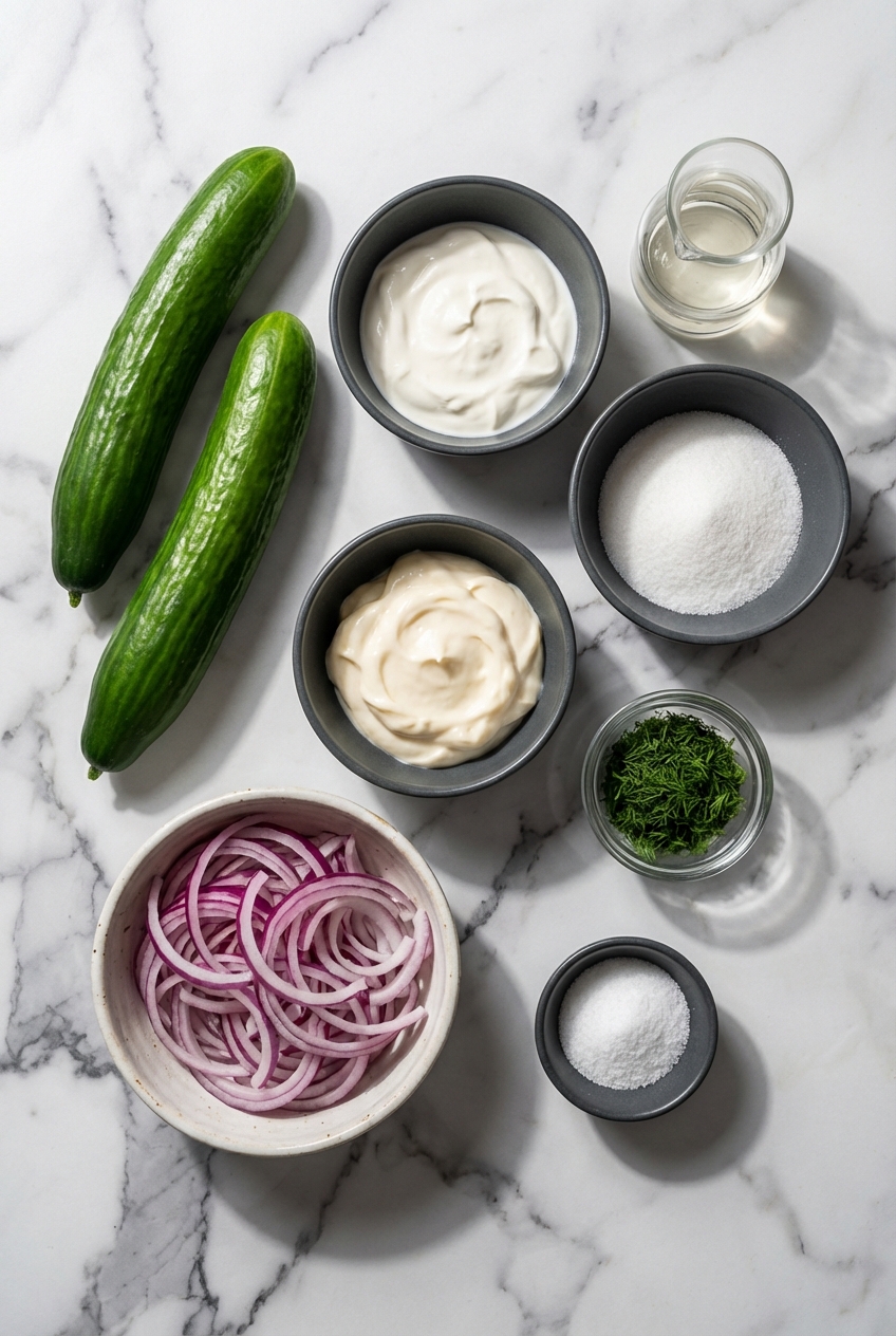 Flat lay of English cucumbers, sour cream, red onion, and fresh dill on a contemporary white marble countertop.
