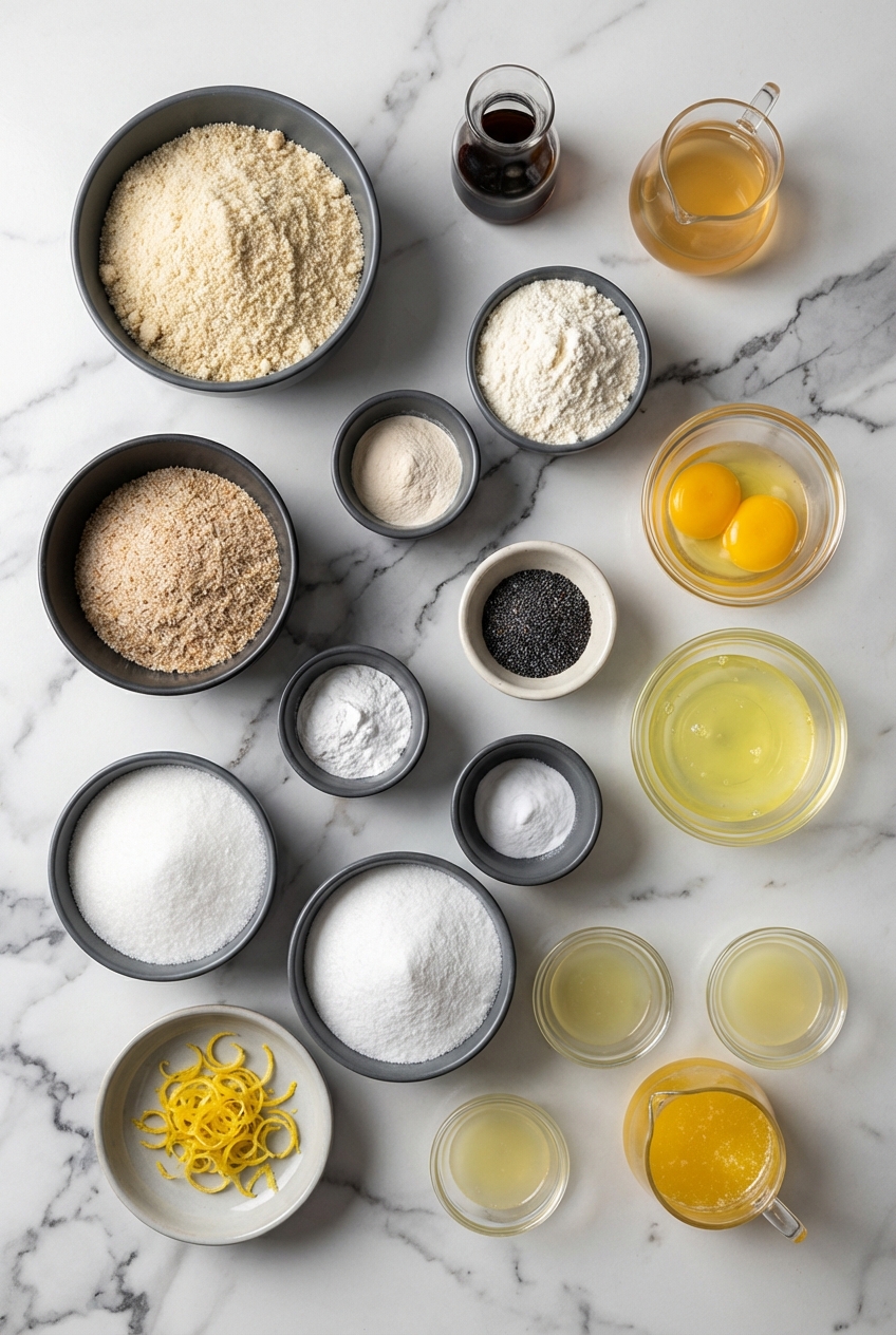 Flat lay of almond flour, erythritol, and fresh ginger on a white marble surface for Keto Lemon Muffins.