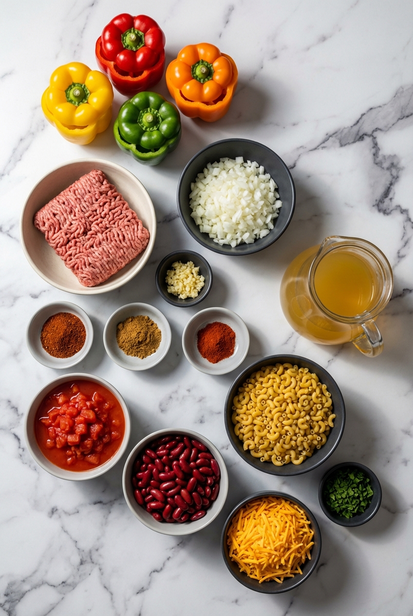 Overhead flat lay of Baked Chili Mac Stuffed Peppers ingredients including bell peppers, ground beef, and kidney beans on marble.