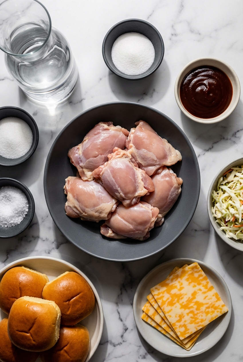 Flat lay of BBQ Chicken Sliders ingredients like shredded rotisserie chicken and Colby Jack cheese on a marble countertop.