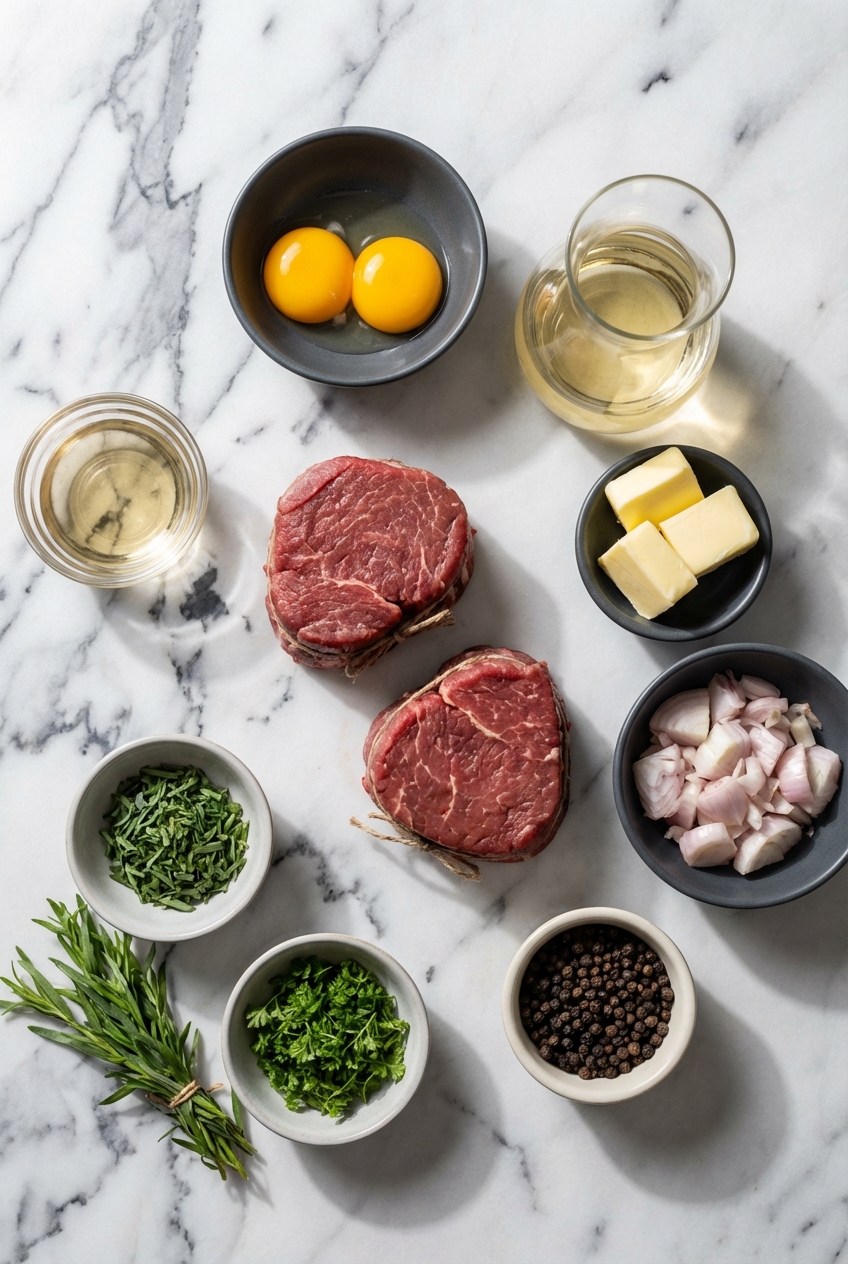 Flat lay of raw beef tenderloin, fresh tarragon, shallots, and butter for Beef Fillet with Easy Bearnaise Sauce on white marble.