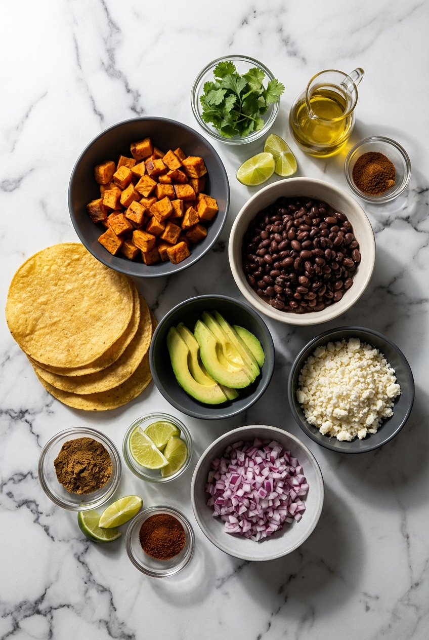 Flat lay of Black Bean Sweet Potato Tostadas ingredients including sweet potatoes, black beans, cumin, and chipotle in adobo on marble.