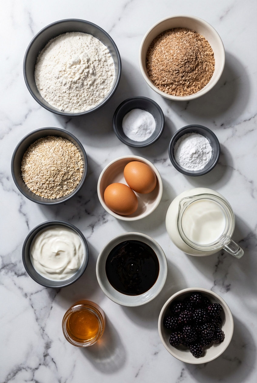 Flat lay of ingredients for Blackberry Bran Muffins including wheat bran, oat bran, and molasses on a white marble surface.