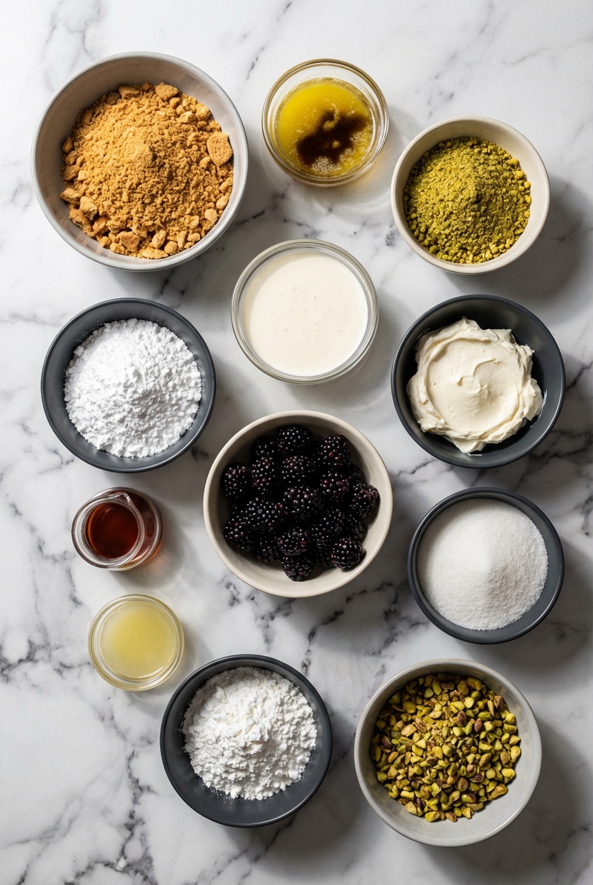 Flat lay of ingredients for Blackberry Pistachio Dream Bars including digestive biscuits, shelled pistachios, and cream cheese.