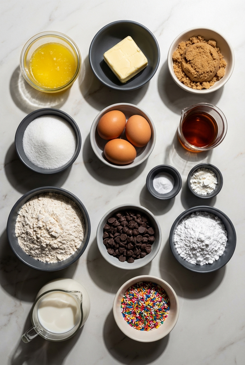Flat lay of Cookie Cake Recipe ingredients like semi-sweet chocolate chips and light brown sugar on a white marble surface.