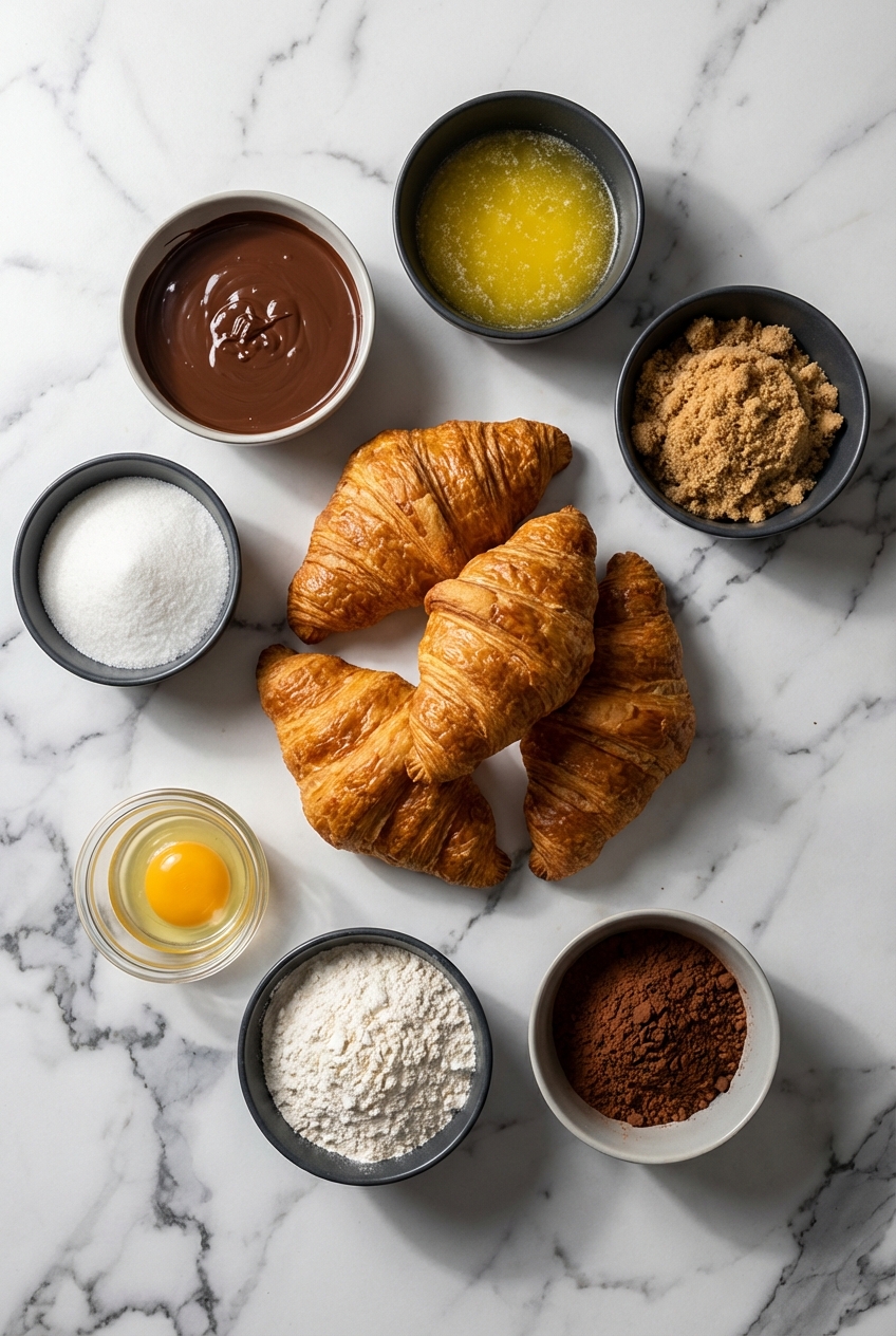 Overhead flat lay of ingredients for Brownie Batter Croissants including cocoa powder, semi-sweet chocolate, and unsalted butter on a white marble surface.