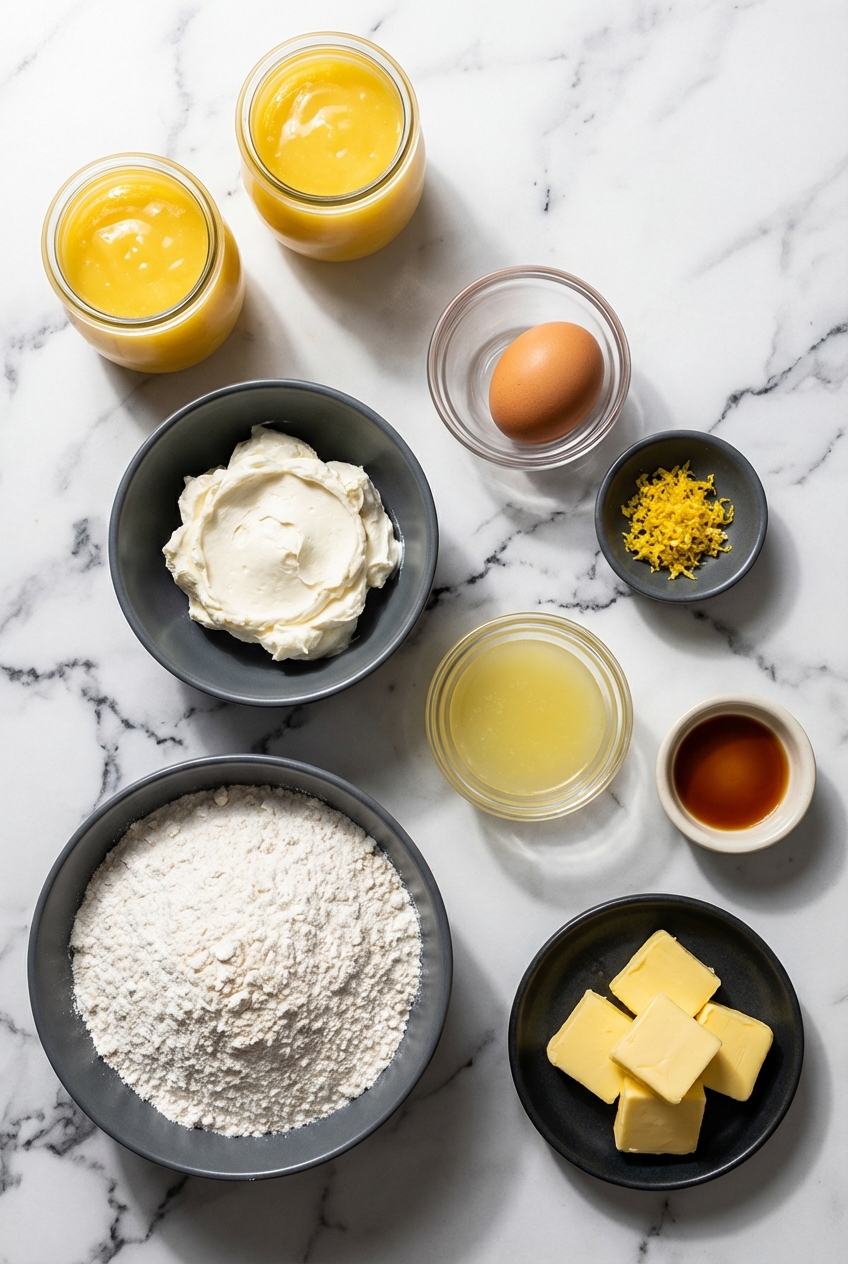 Flat lay of Buttery Lemon Dump Cake ingredients including yellow cake mix, lemon curd, and cream cheese on marble.