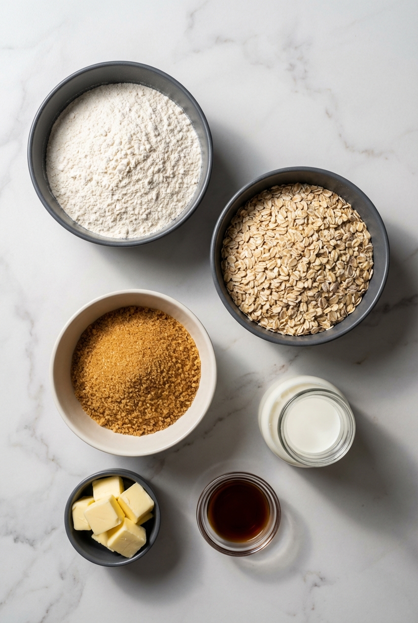 Flat lay of Caramel Crush Bars ingredients including quick oats, brown sugar, and flour on a contemporary countertop.