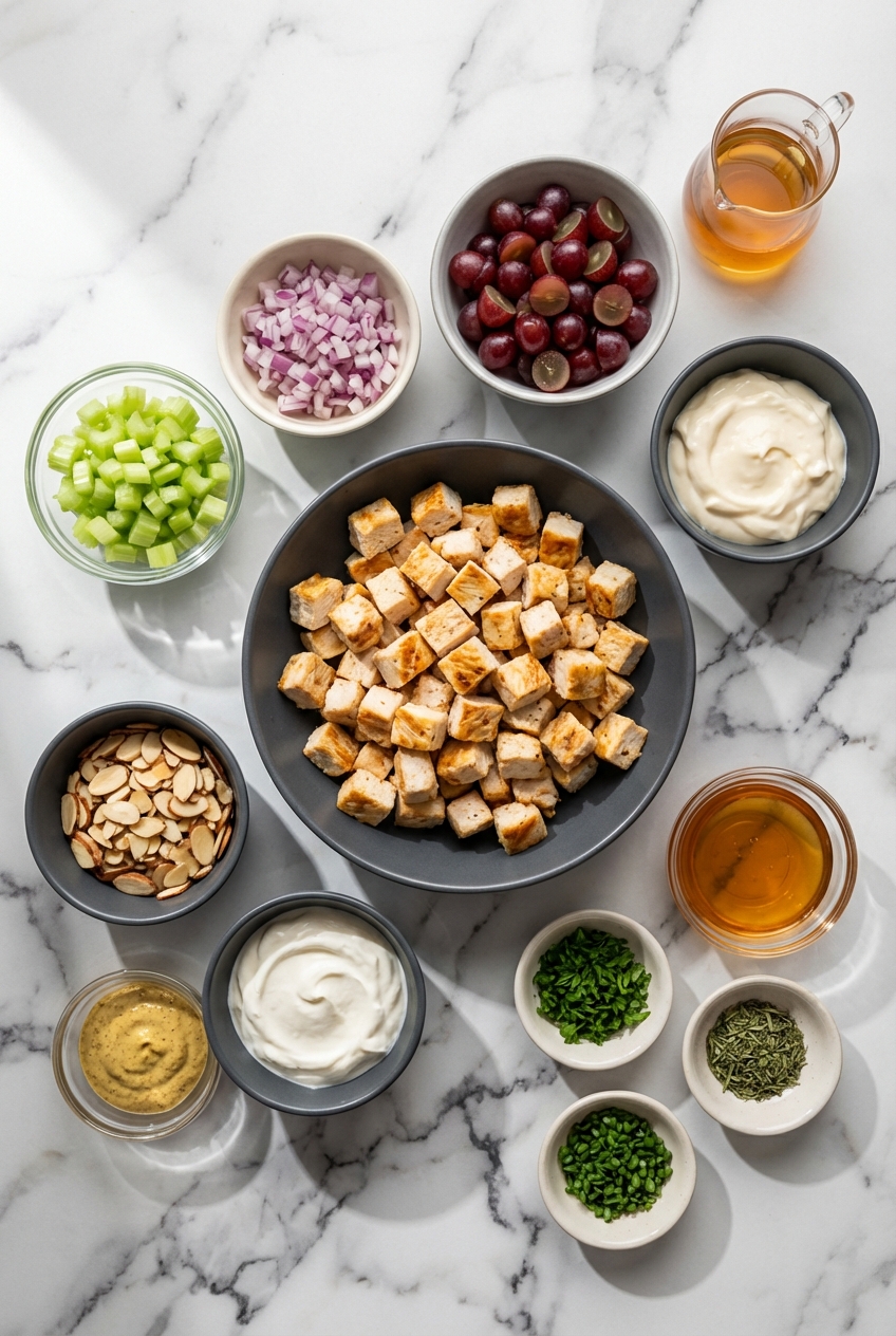 Flat lay of red seedless grapes, celery, Greek yogurt, and tarragon on a contemporary countertop for Chicken Salad With Grapes.
