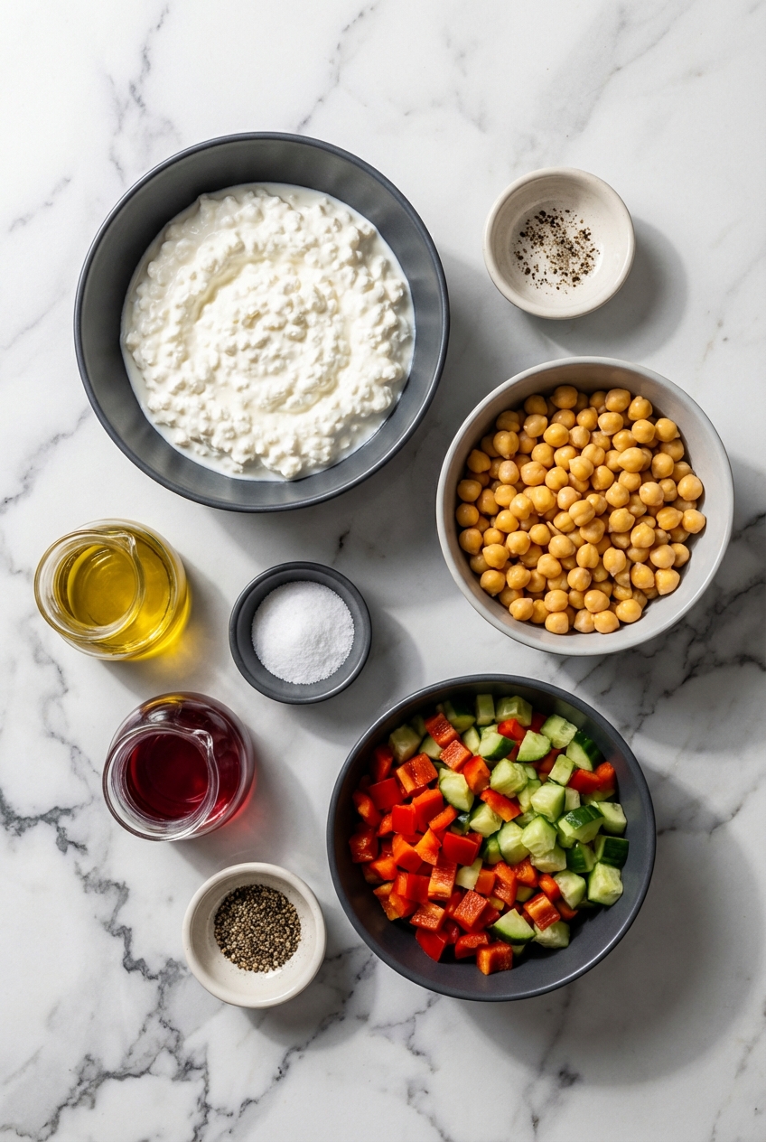 Overhead flat lay of raw legumes, cottage cheese, and aromatic spices for a Power Salad on a contemporary white marble countertop.