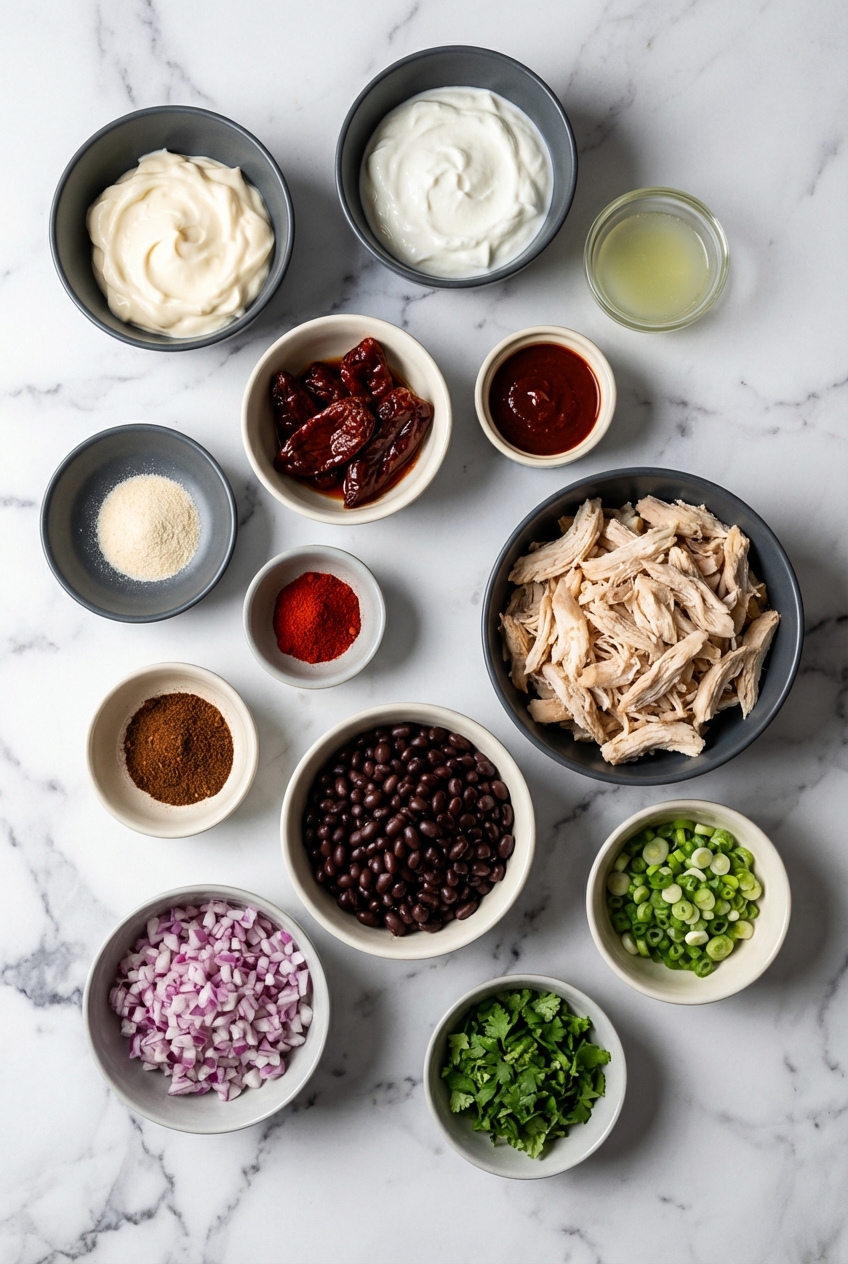 Flat lay of rotisserie chicken, chipotle peppers in adobo, black beans, and Greek yogurt on a contemporary marble countertop.