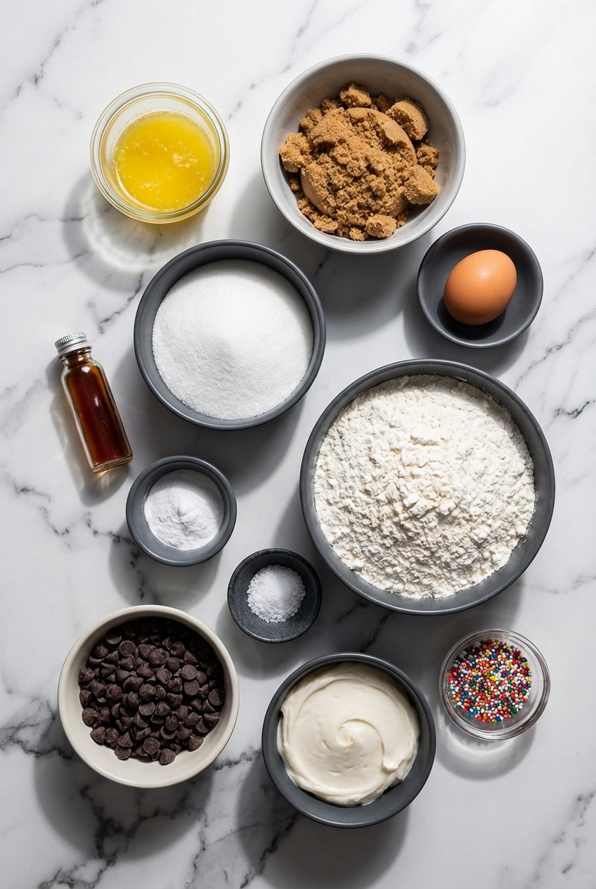 Flat lay of Chocolate Chip Cookie Cake ingredients including brown sugar, semi-sweet chocolate chips, and melted butter on a contemporary countertop.