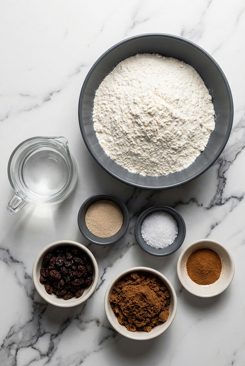 Flat lay of bread flour, cinnamon, and raisins soaking in tea in a minimalist ceramic vessel on a marble countertop.