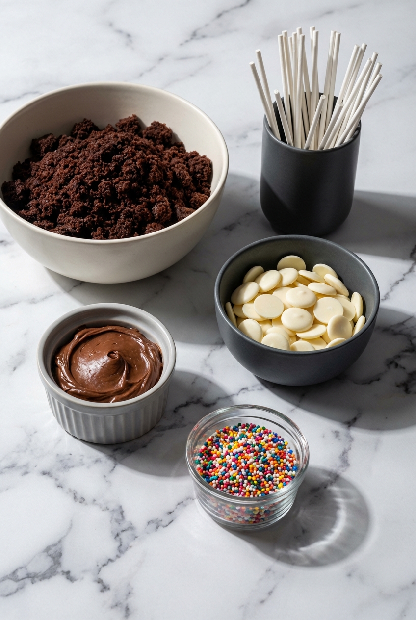 Overhead flat lay of Classic Cake Pops ingredients like cake crumbs and candy melts on a contemporary countertop.
