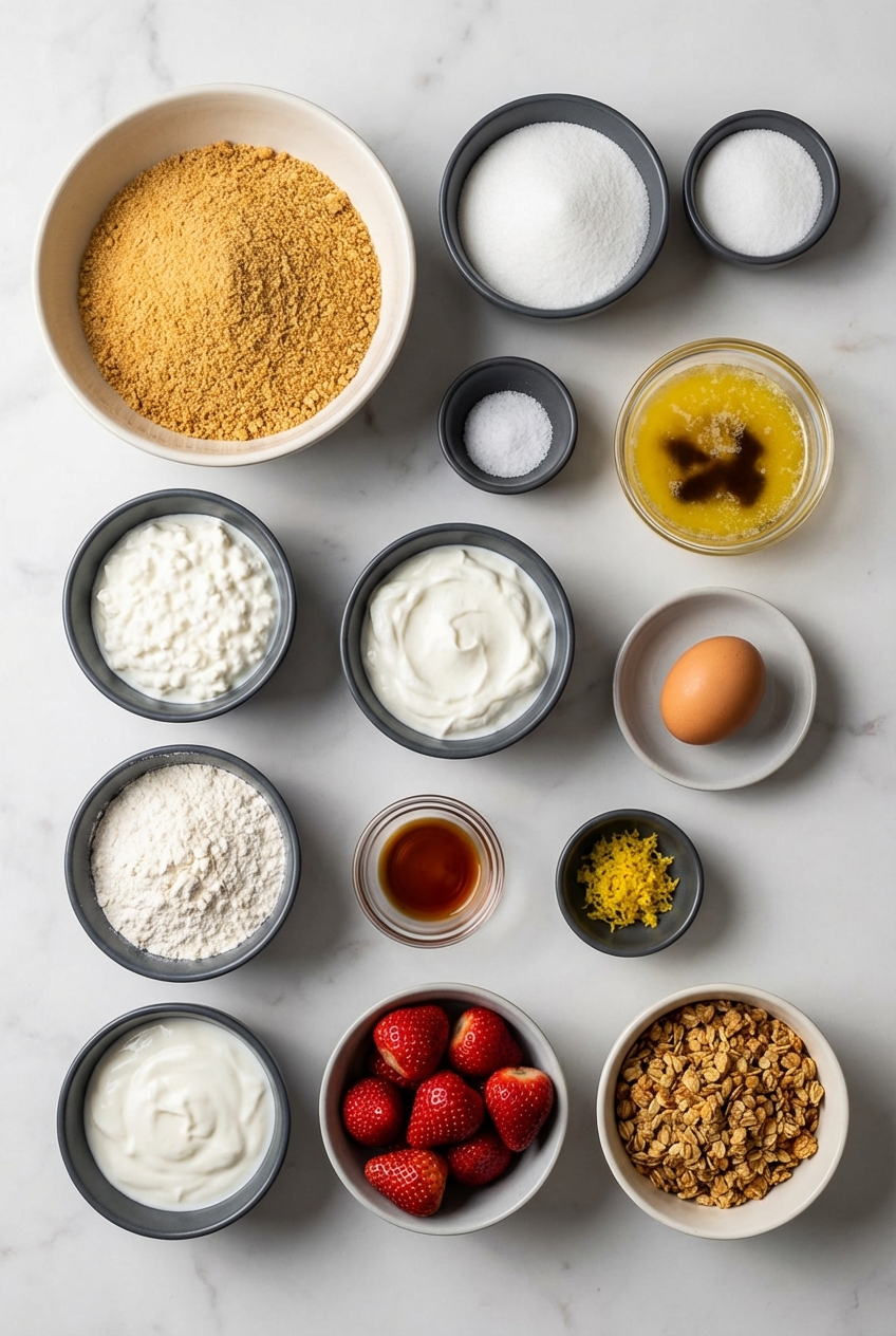 Flat lay of ingredients for Cottage Cheese Cheesecake featuring casein protein curds, Greek yogurt, and monk fruit on a contemporary countertop.