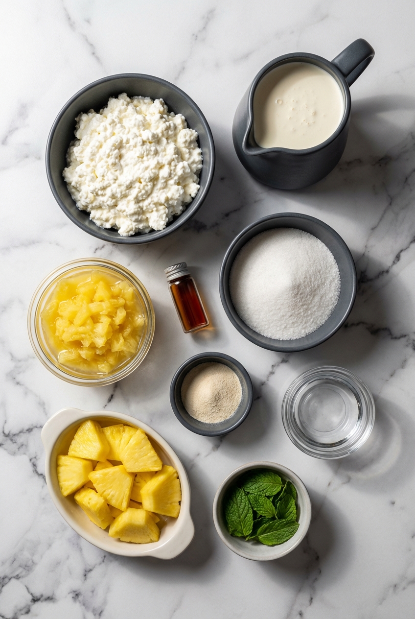 Flat lay of ingredients for Cottage Cheese Pineapple Mousse Cups including blended cottage cheese, crushed pineapple, and gelatin on a contemporary countertop.