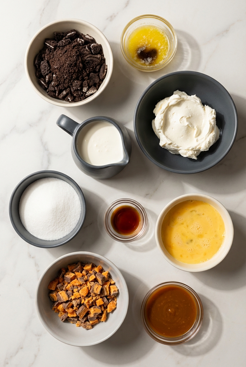 Flat lay of Creamy Butterfinger Cheesecake ingredients like cream cheese and candy bars on a contemporary white countertop.